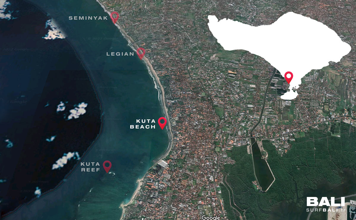 Carte du spot de surf de Kuta beach à Bali Carte du spot de surf de Kuta beach à Bali