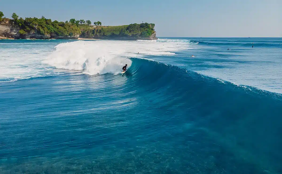 Le surf à Bali, les meilleures vagues du monde ? Surf à Bali, surfeur qui s'aprête à prendre un tube sur une belle vague lle vague du Bukit