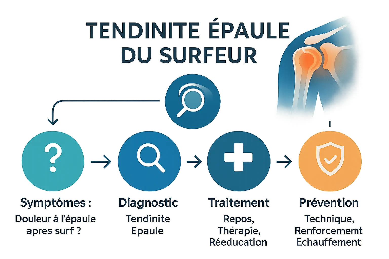 Illustration des muscles de la coiffe des rotateurs affect&eacute;s par la tendinite chez les surfeurs